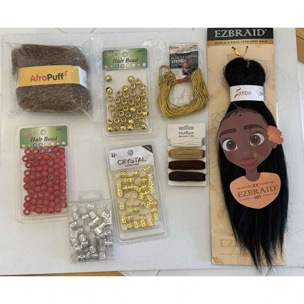 Hair Braiding Lot: EZBraid Kids‎ Afro Puff Beads Cuffs Strings Extension Bundle